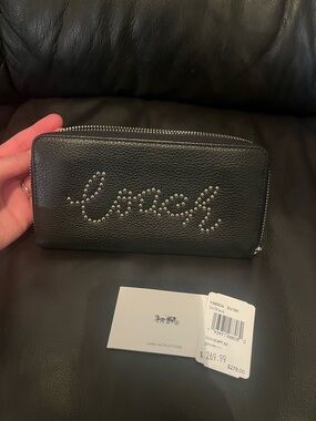 Coach Black Pebbled Leather Zip Wallet with Stud Script Logo